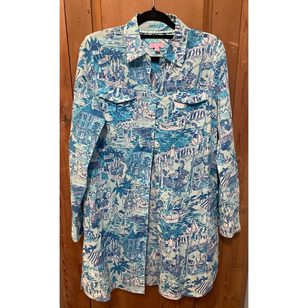 Lilly Pulitzer blue white Toile chinoiserie beach print shirt dress cover-up